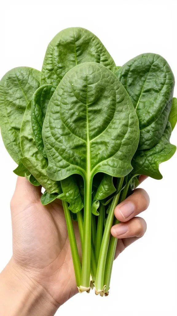 **Hand holding bunch of crisp baby spinach leaves**