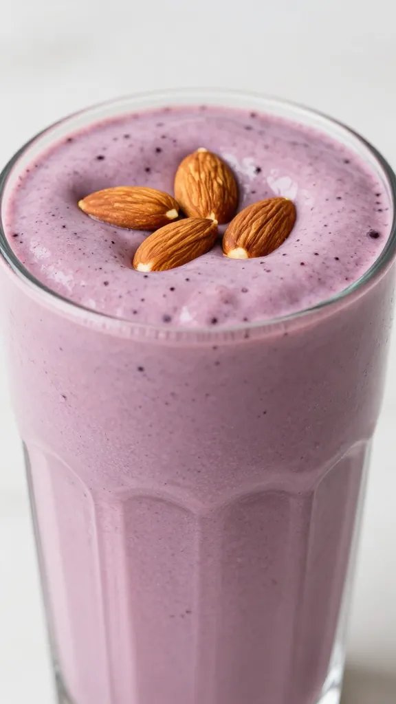 **Closeup of a thick blueberry almond butter smoothie in glass**