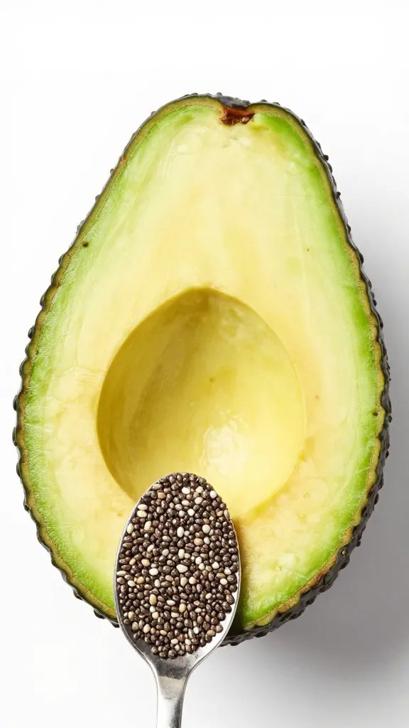**Single ripe avocado half with chia seeds on spoon**
