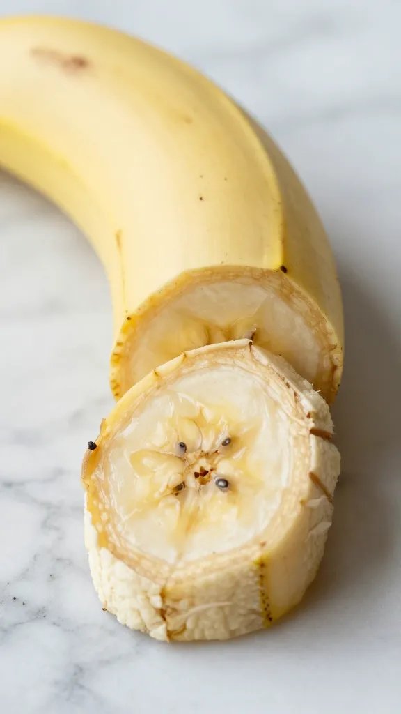 **Closeup of ripe banana sliced lengthwise on marble**