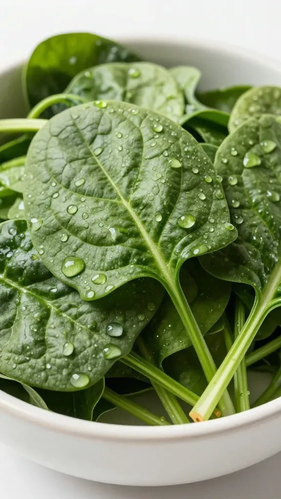 **Fresh spinach leaves dewdropped in ceramic bowl**