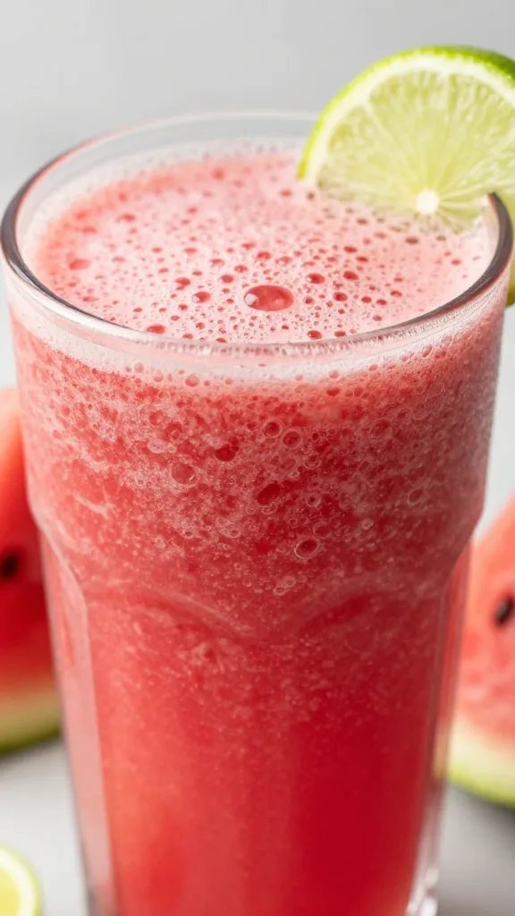**Closeup of watermelon lime smoothie in glass**