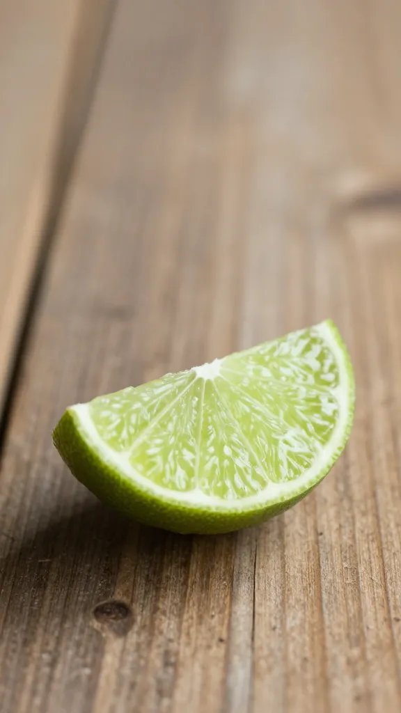 **Single lime wedge on rustic wooden table**