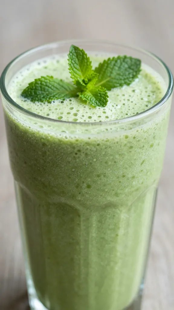 **Closeup of honeydew mint smoothie in frosted glass**