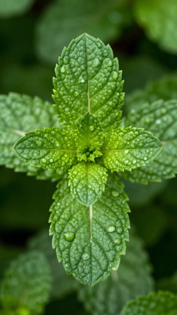 **Single sprig of mint with water droplets**