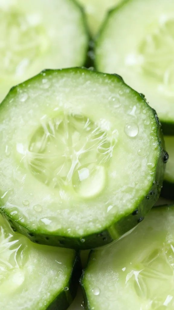 **Closeup of cucumber slices with water droplets**