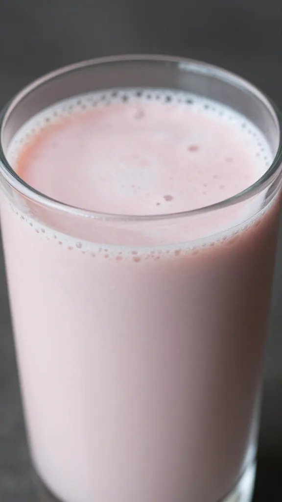 **Closeup of strawberry kefir smoothie in a frosted glass**