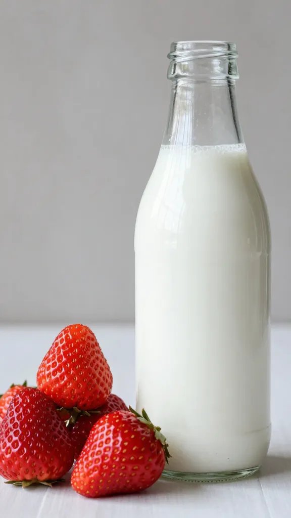 **Fresh strawberries piled next to a kefir bottle**