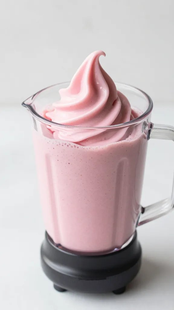 **Creamy pink smoothie swirl in a blender pitcher**