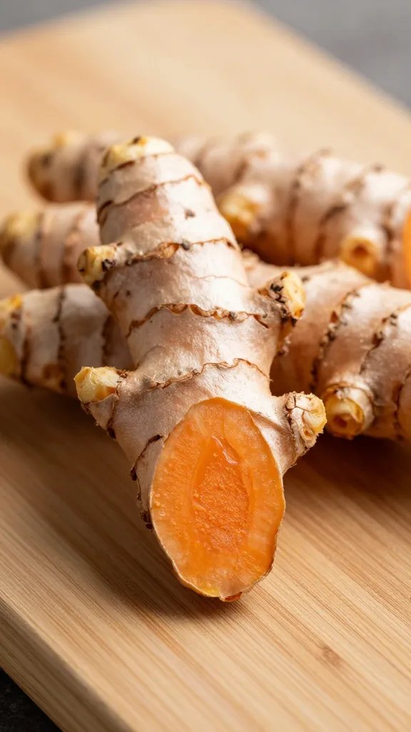 **Closeup of fresh turmeric root on wooden cutting board**