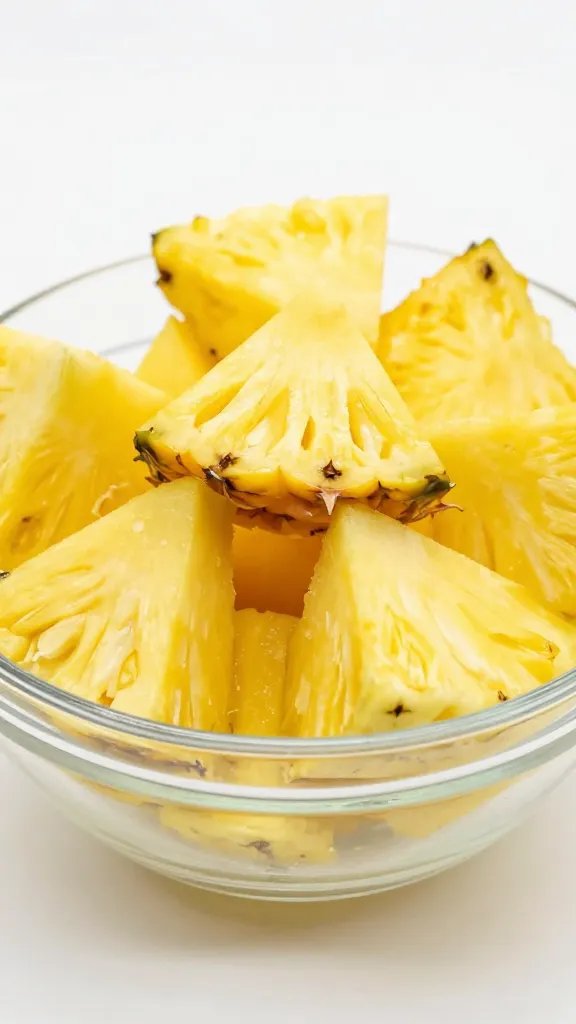 **Vibrant pineapple chunks in a clear glass bowl**