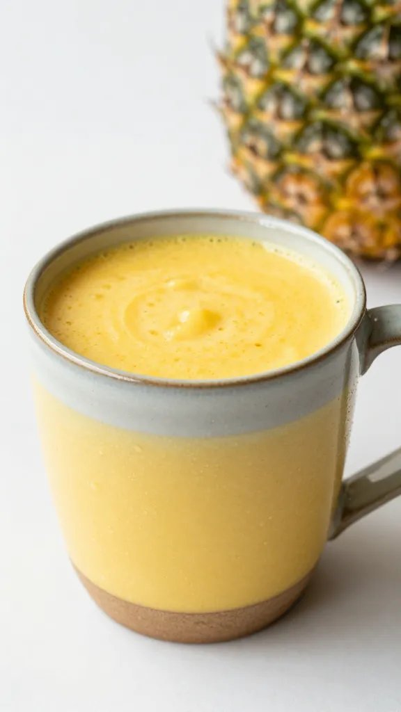 **Golden pineapple turmeric smoothie in a textured ceramic mug**