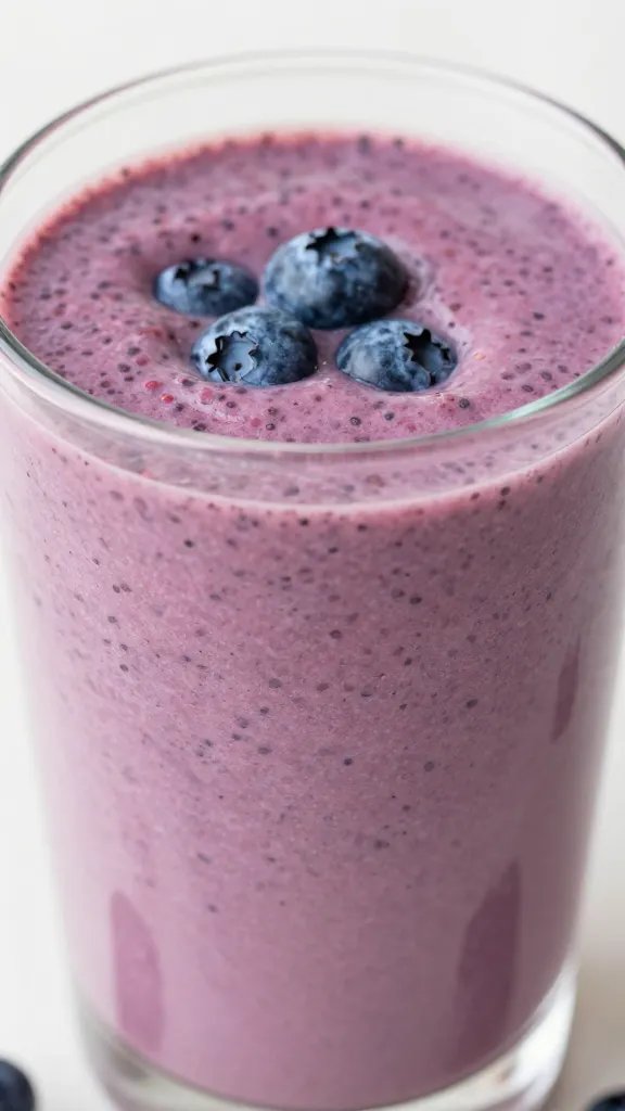 **Closeup of thick blueberry chia smoothie in glass**