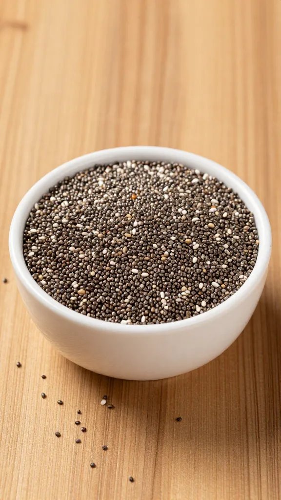 **Single bowl of plump chia seeds on wooden surface**