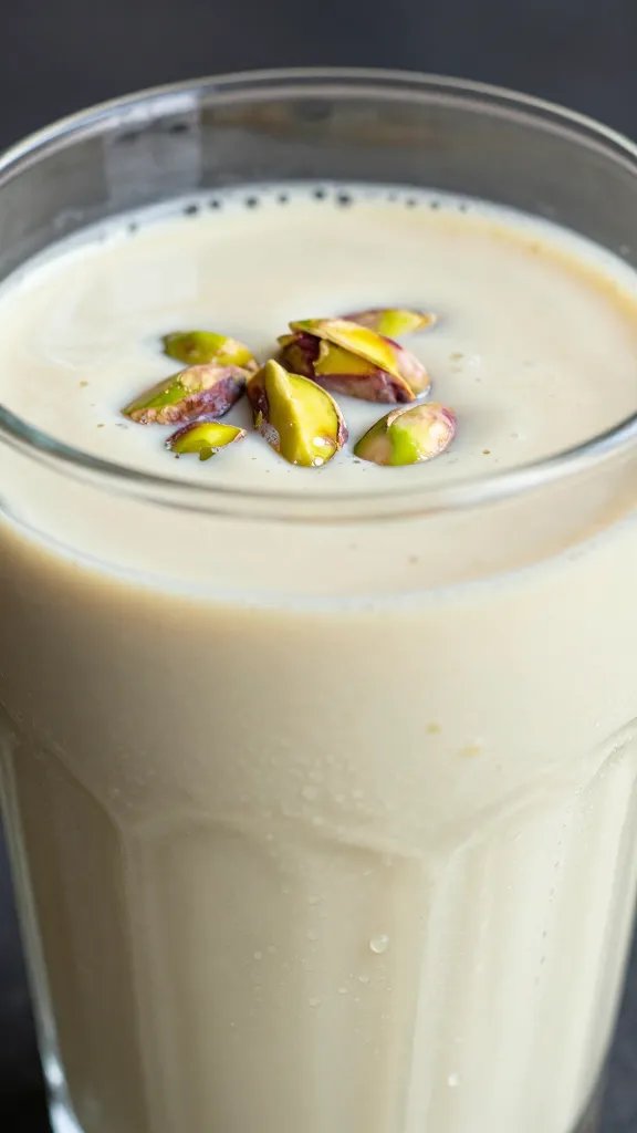 **Closeup of pistachio date smoothie in glass with condensation**