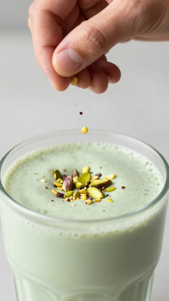 **Hand sprinkling crushed pistachios on smoothie surface**