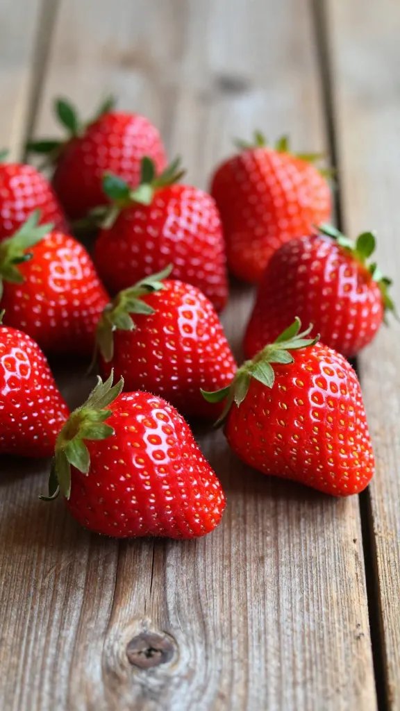 **Closeup of ripe strawberries on a rustic wooden table**