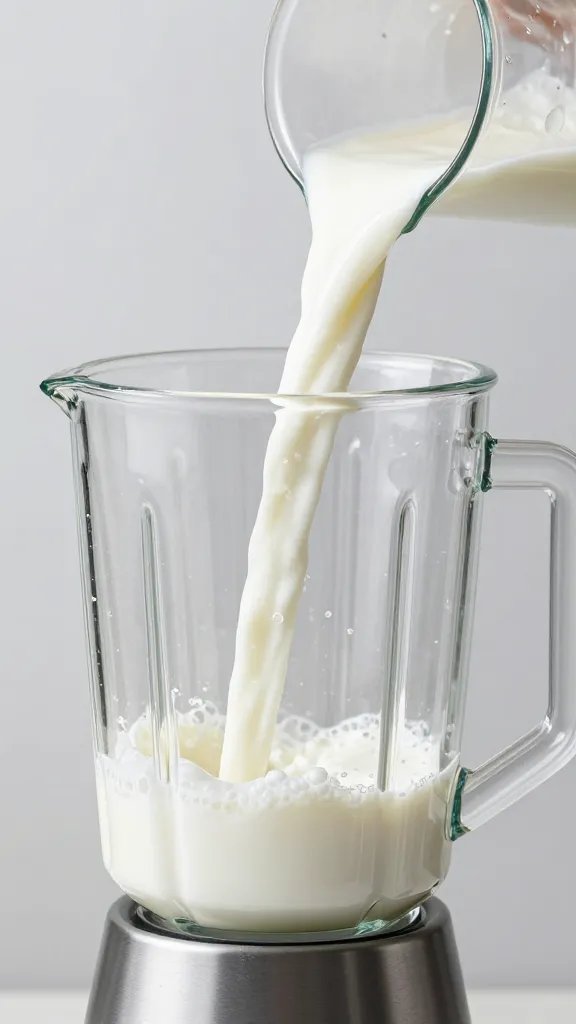 **Fresh milk pouring into a clear glass blender**