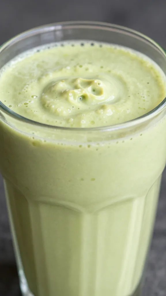 **Closeup of creamy avocado smoothie in glass**