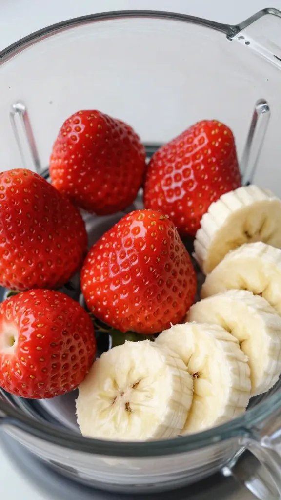 **Closeup of ripe strawberries and banana slices in blender**