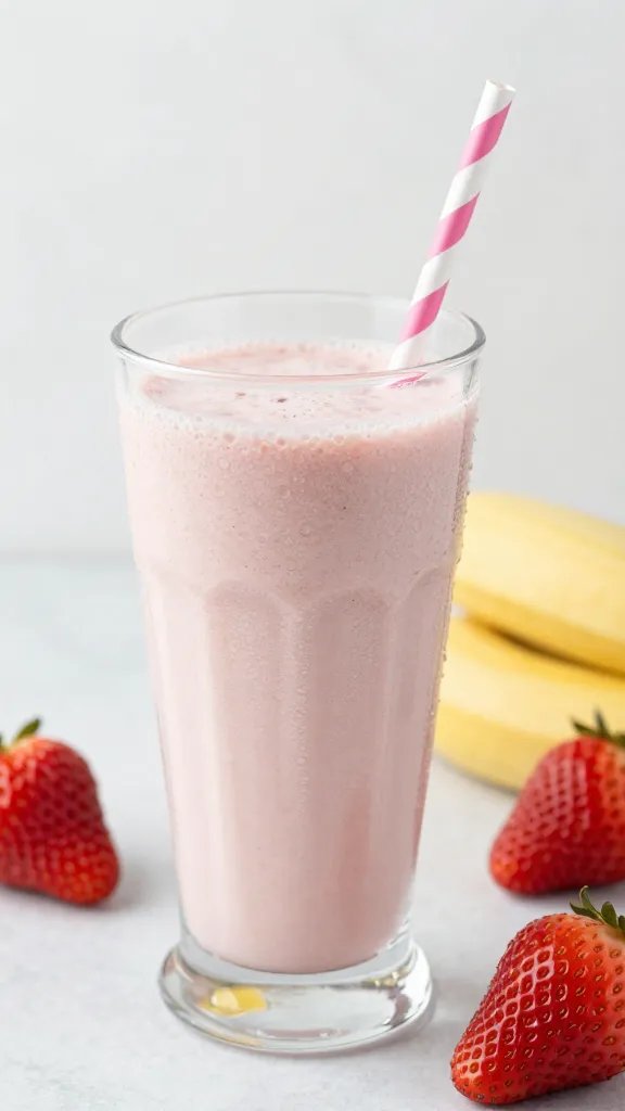 **Single glass of creamy strawberry banana smoothie with condensation**