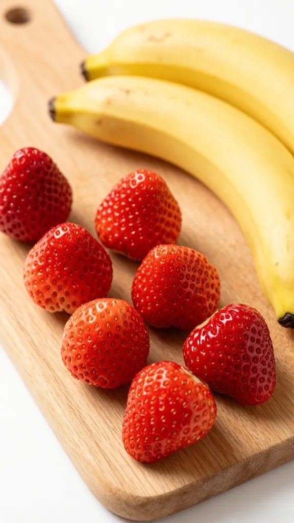 **Fresh strawberries and banana on wooden cutting board**