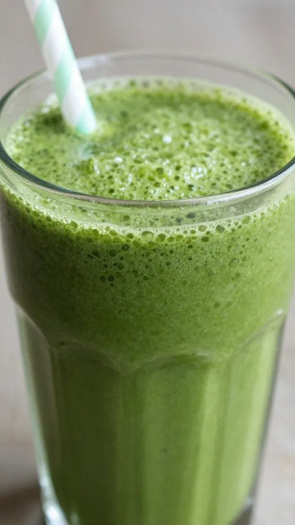 **Closeup of vibrant green smoothie in glass with straw**
