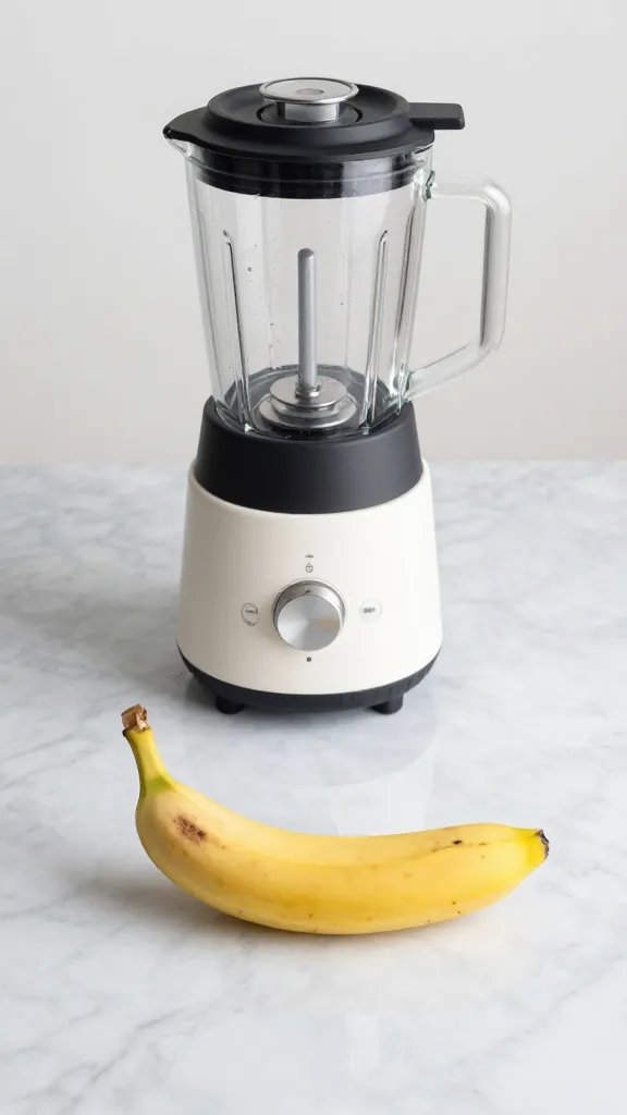 **Single ripe banana on marble countertop with blender**