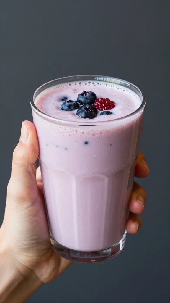 **Hand holding travel mug with creamy berry smoothie**