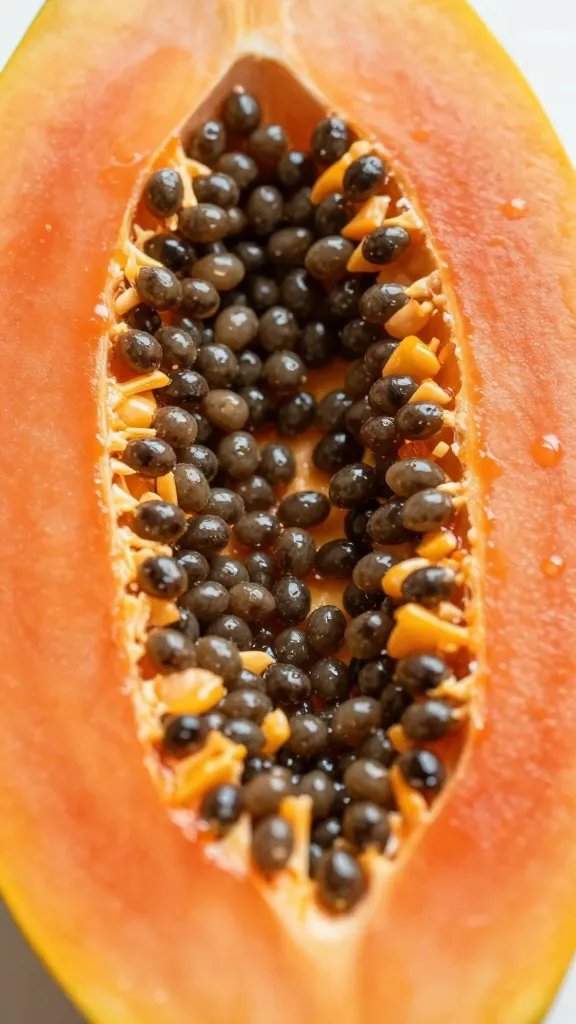 **Closeup of ripe papaya halves with glistening seeds**