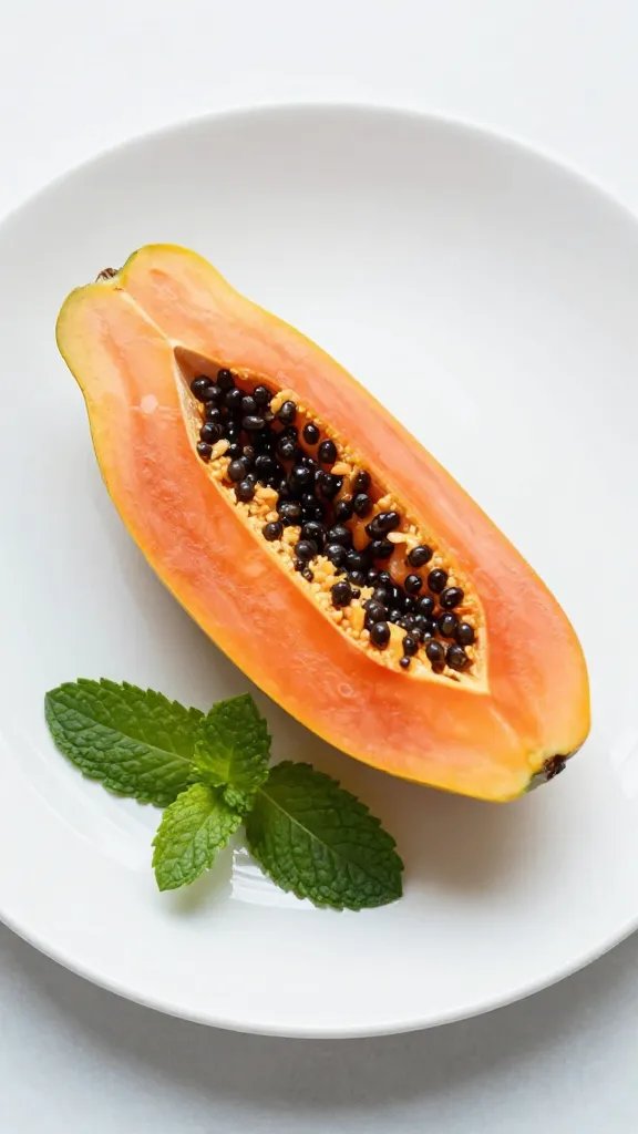 **Single papaya slice on a white plate with fresh mint**