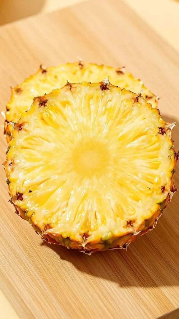 **Single ripe pineapple slice on cutting board**