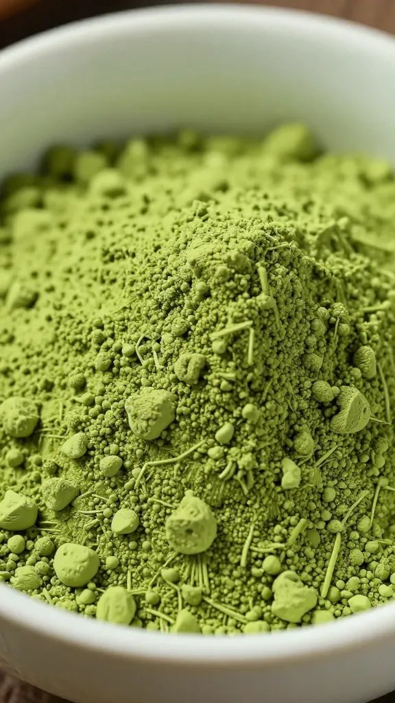 **Closeup of vibrant green matcha powder in a ceramic bowl**