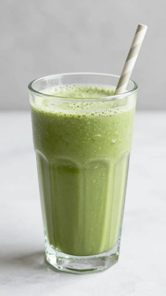 **Creamy matcha smoothie in a clear glass with condensation**
