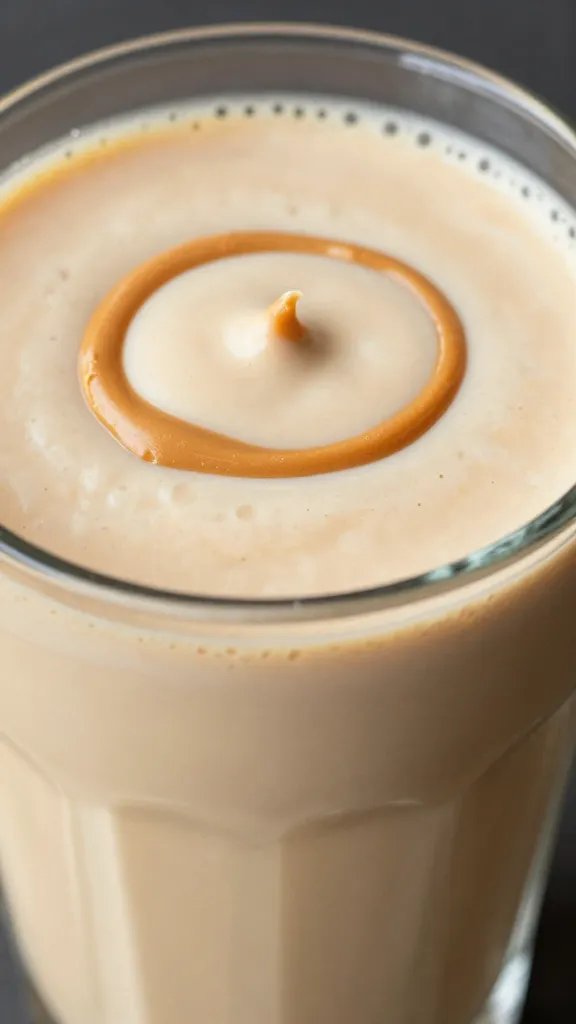 **Closeup of creamy peanut butter smoothie in glass**