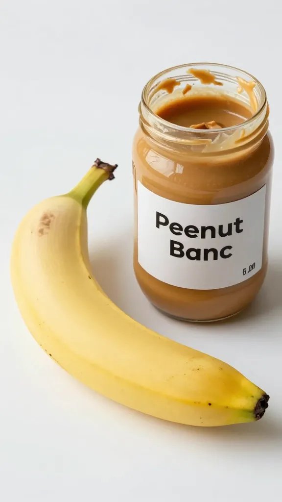 **Single ripe banana next to jar of peanut butter**