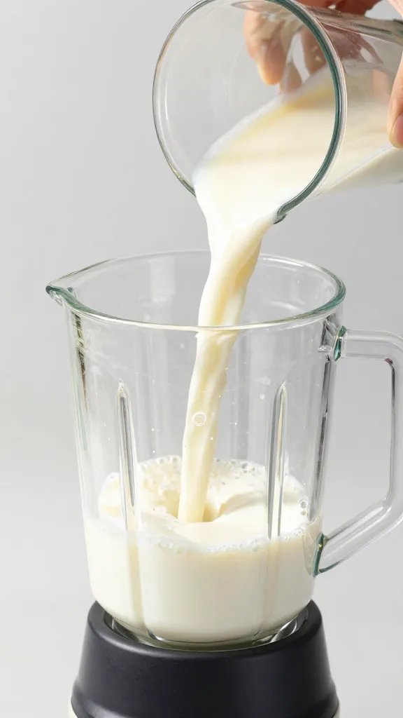 **Hand pouring almond milk into blender pitcher**