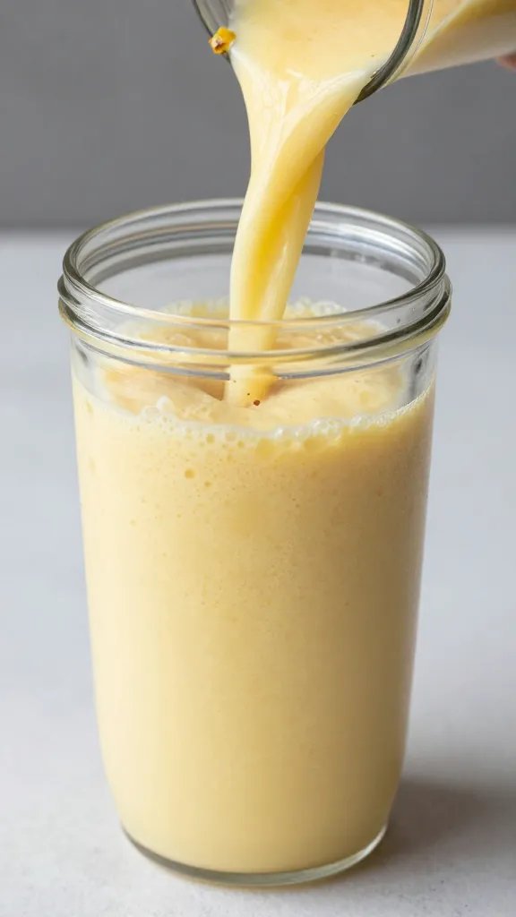 **Creamy pineapple smoothie poured into a clear blender jar**