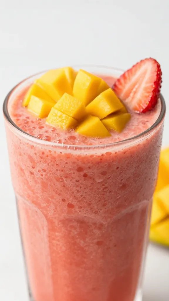 **Closeup of vibrant strawberry mango smoothie in glass**