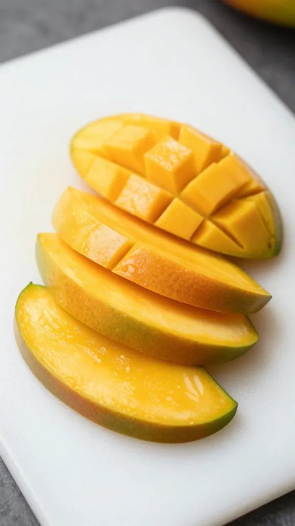 **Fresh ripe mango slices on white cutting board**