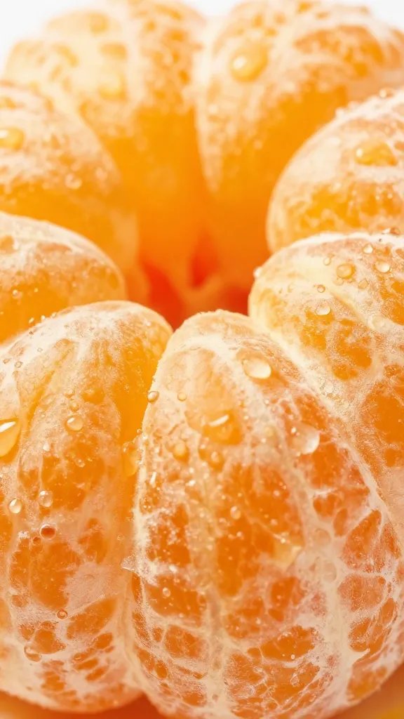 **Closeup of peeled orange segments with juice droplets**