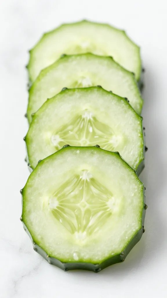 **Closeup of crisp green cucumber slices on white marble**