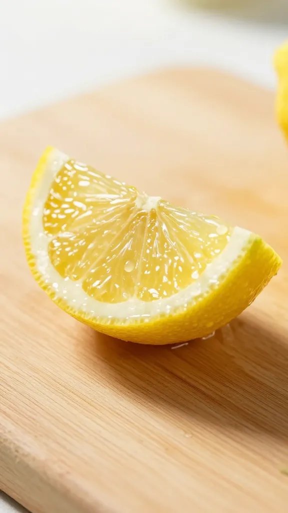 **Fresh lemon wedge with droplets of water on cutting board**
