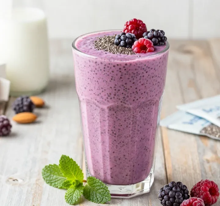 Blissful Chia Seed Smoothie Recipe with Berries + Almond Milk (Thick, Filling)