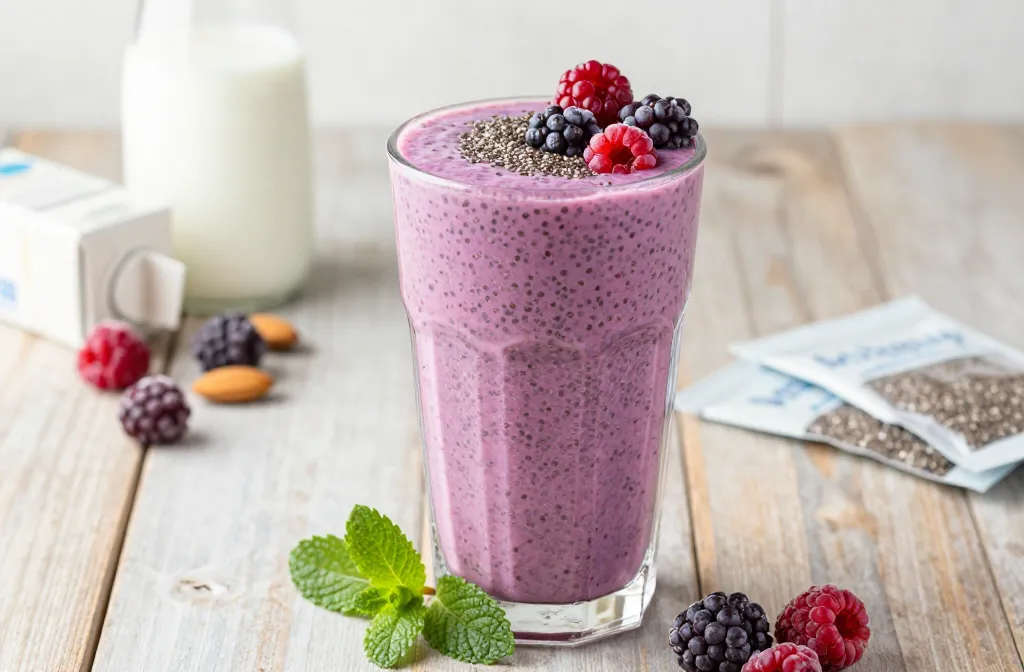 Blissful Chia Seed Smoothie Recipe with Berries + Almond Milk (Thick, Filling)
