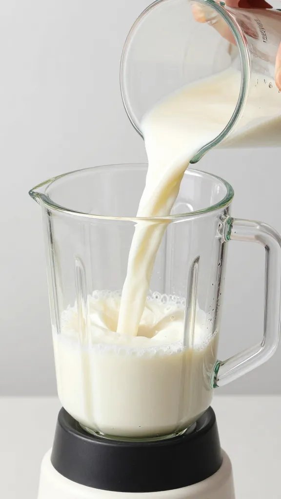 **Hand pouring almond milk into blender pitcher**