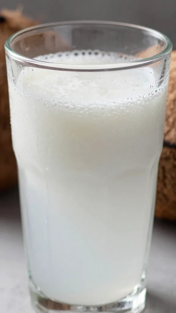 **Closeup of coconut water smoothie in clear glass with condensation**