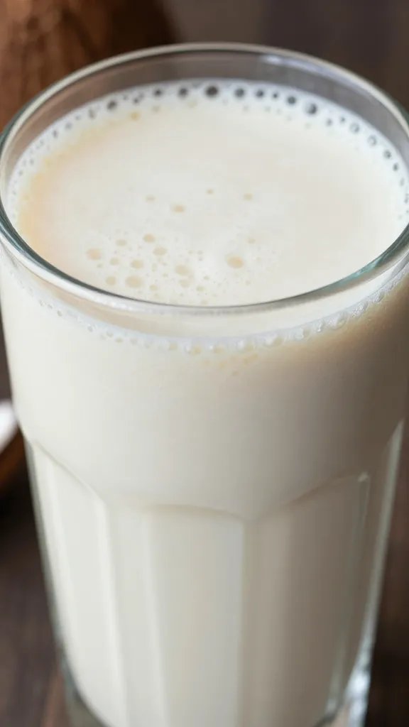 **Closeup of creamy coconut smoothie in glass**