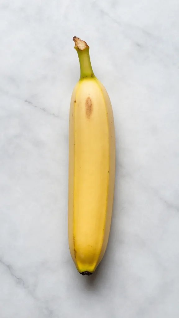 **Single ripe banana on marble countertop**