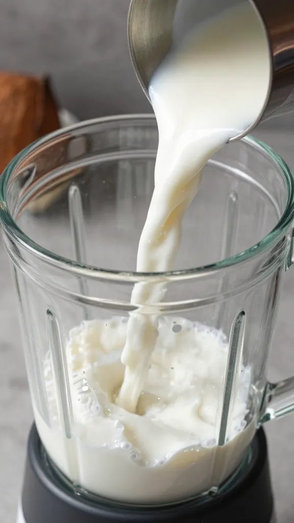 **Canned coconut milk pouring into blender**